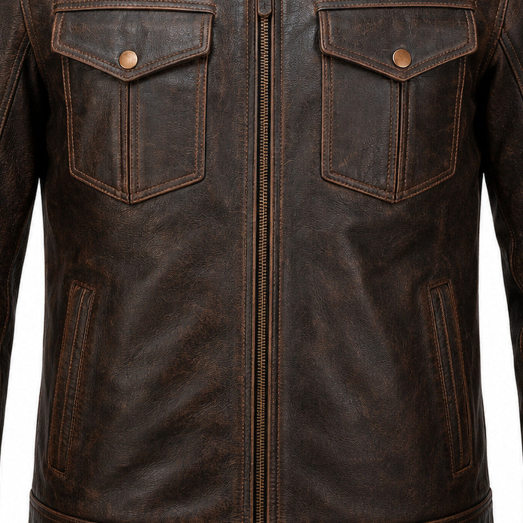 Copper Trail Brown classic cruiser leather motorcycle jacket leather and hardware detail