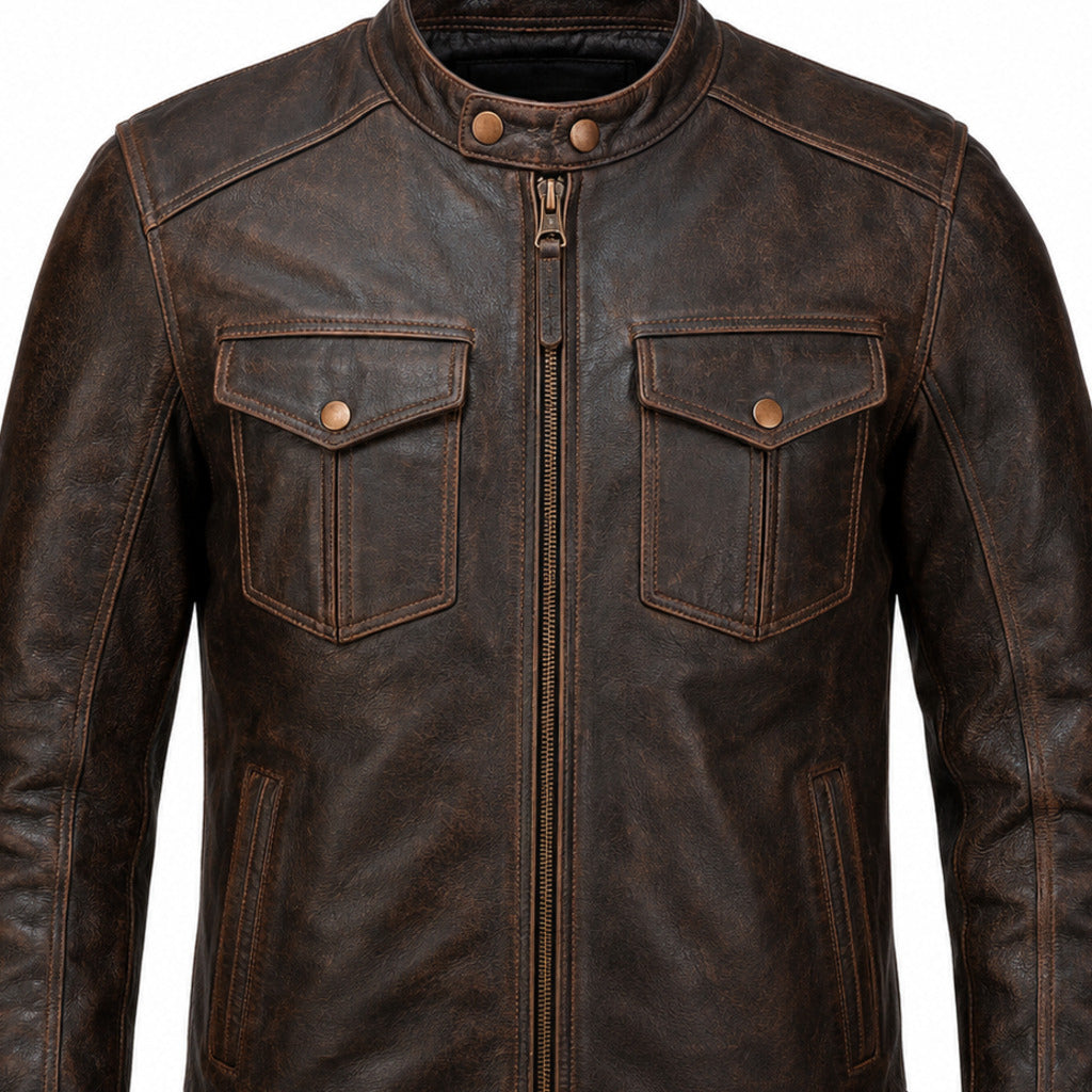 Copper Trail Brown classic cruiser leather motorcycle jacket upper construction detail