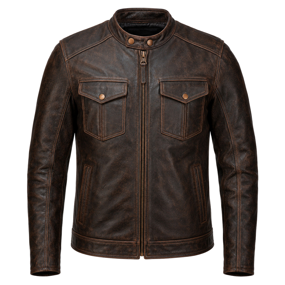 Copper Trail Brown classic cruiser leather motorcycle jacket front hero view