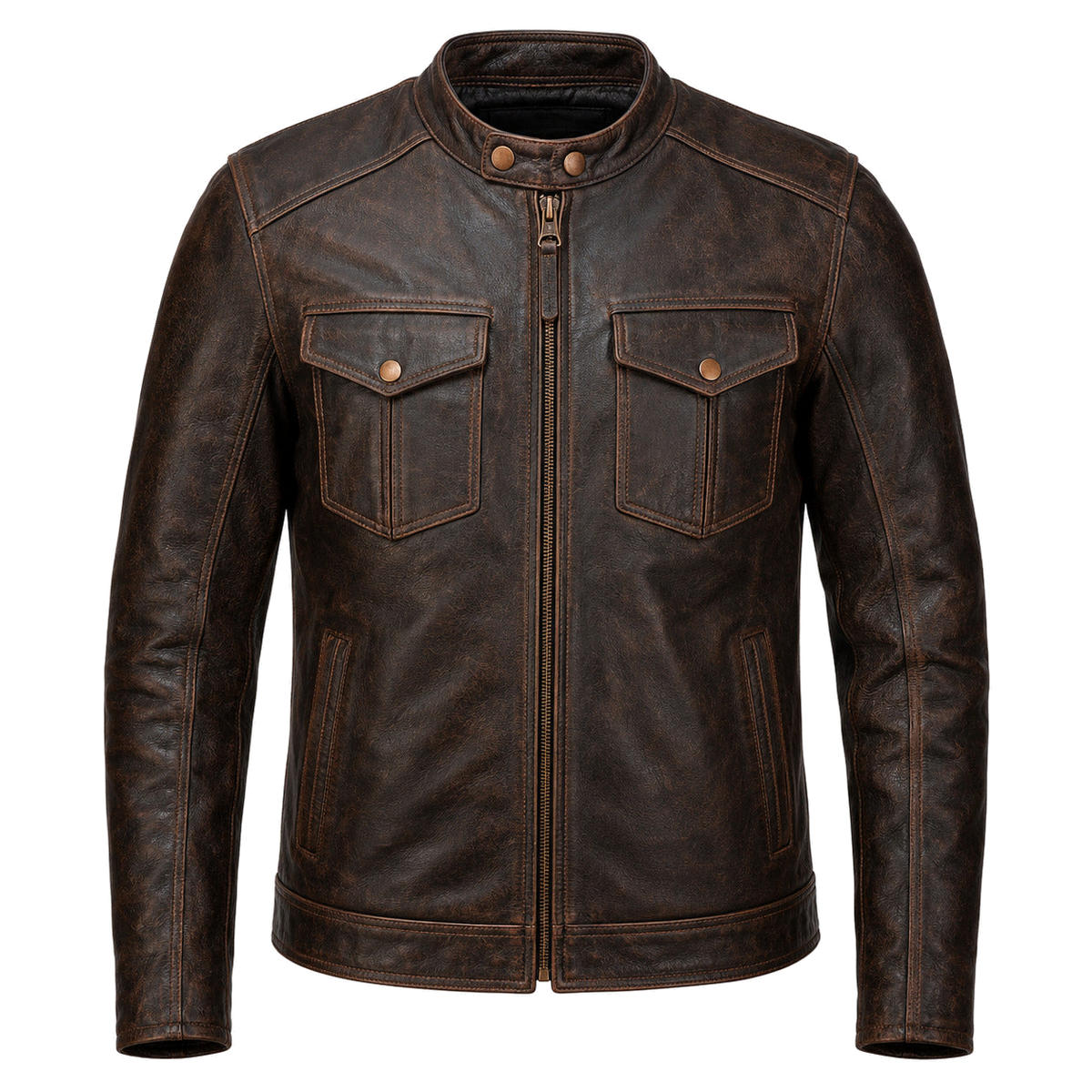 Copper Trail Brown classic cruiser leather motorcycle jacket front hero view