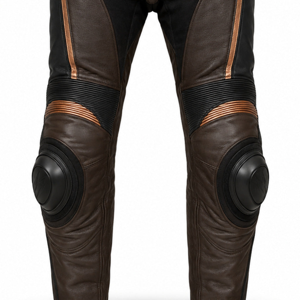 CopperCore Leather Motorcycle Racing Pants knee panels leather and stitching detail
