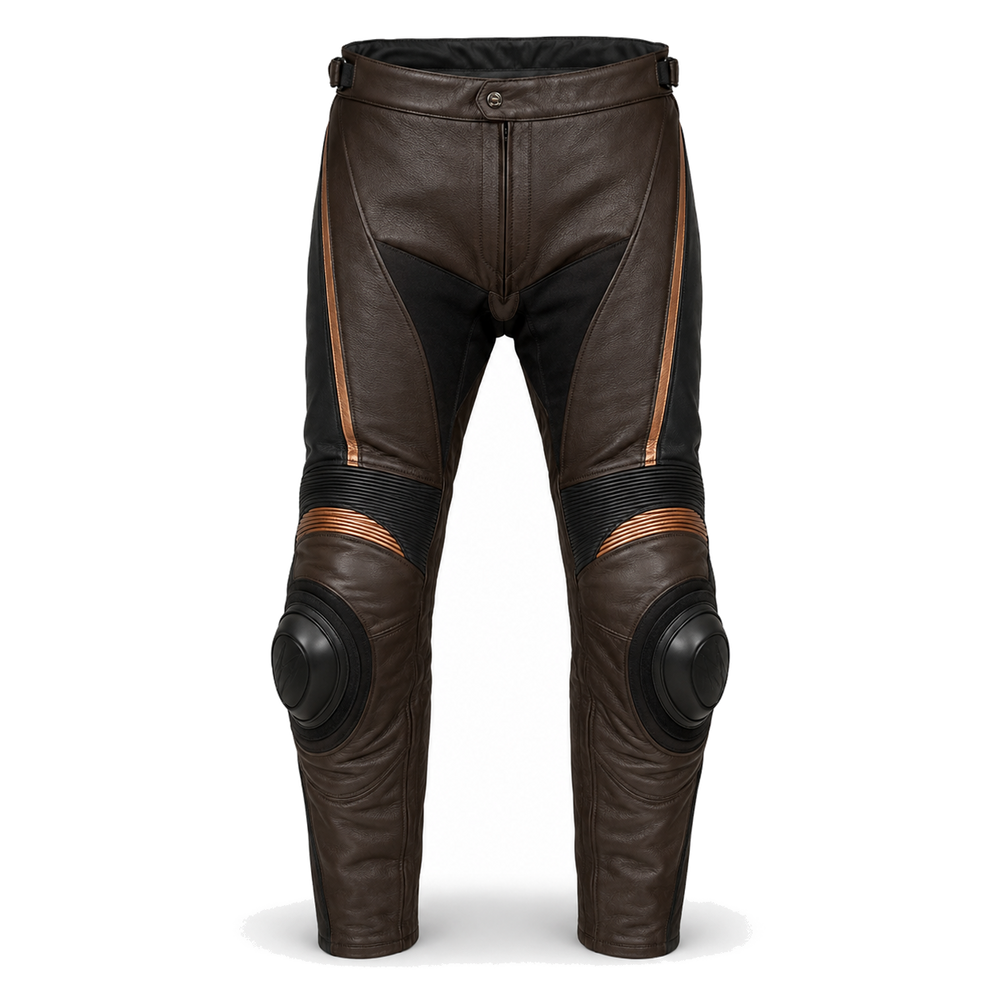 CopperCore original brown leather motorcycle pants front view