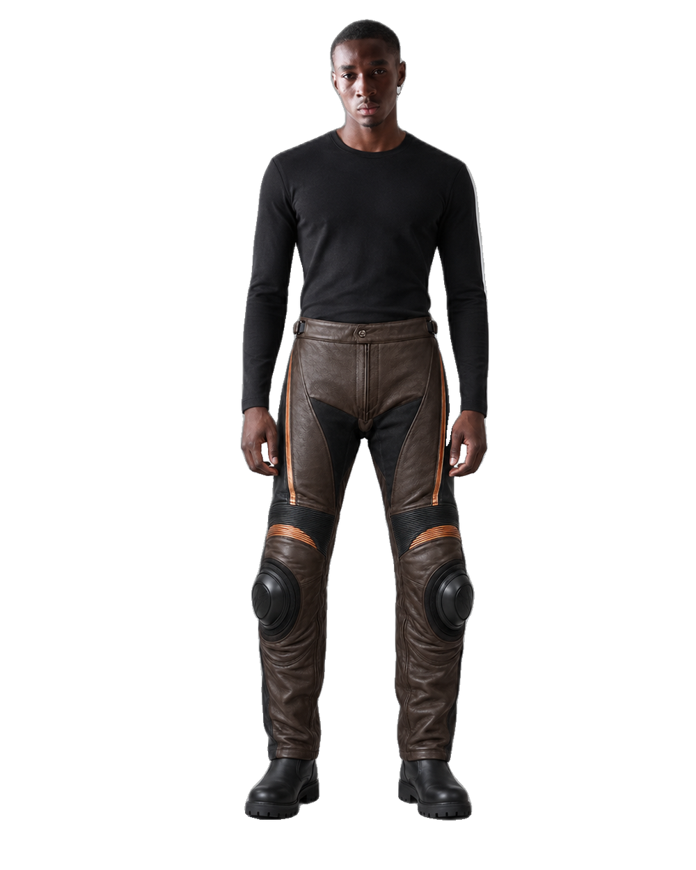 CopperCore Leather Motorcycle Racing Pants front view on male model transparent background