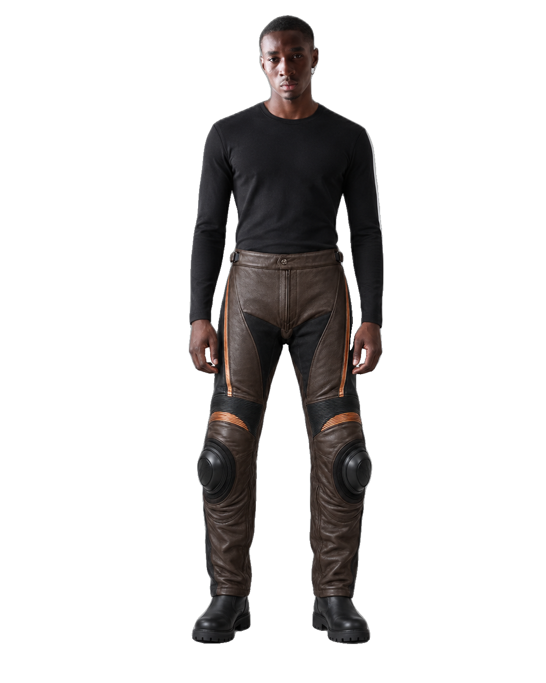 CopperCore Leather Motorcycle Racing Pants front view on male model transparent background