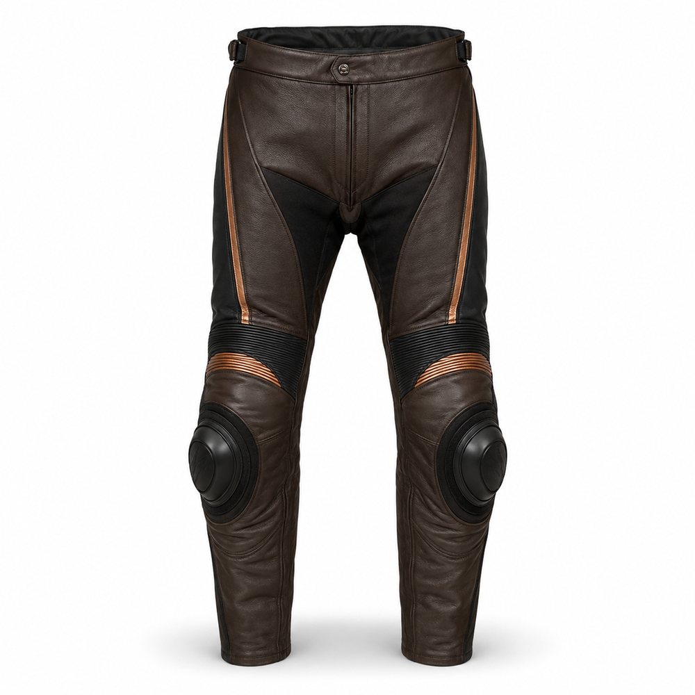 CopperCore original brown leather motorcycle pants front view