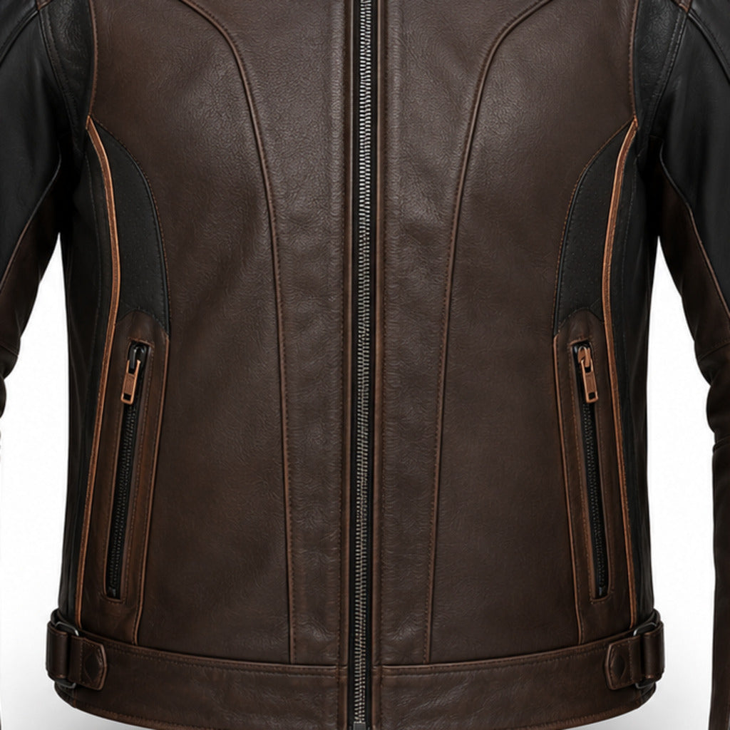 CopperCore R Leather Motorcycle Racing Jacket leather panels stitching and hardware detail
