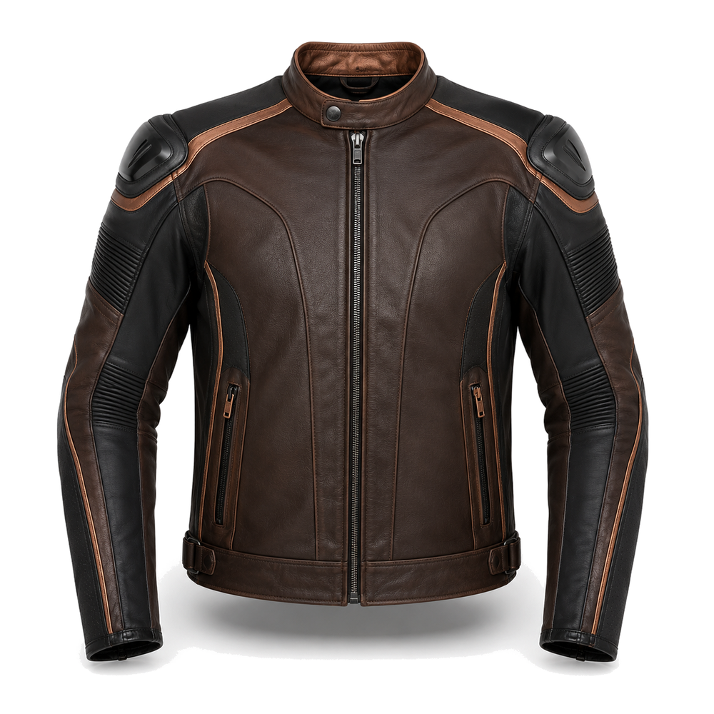 CopperCore R original brown leather motorcycle racing jacket front view