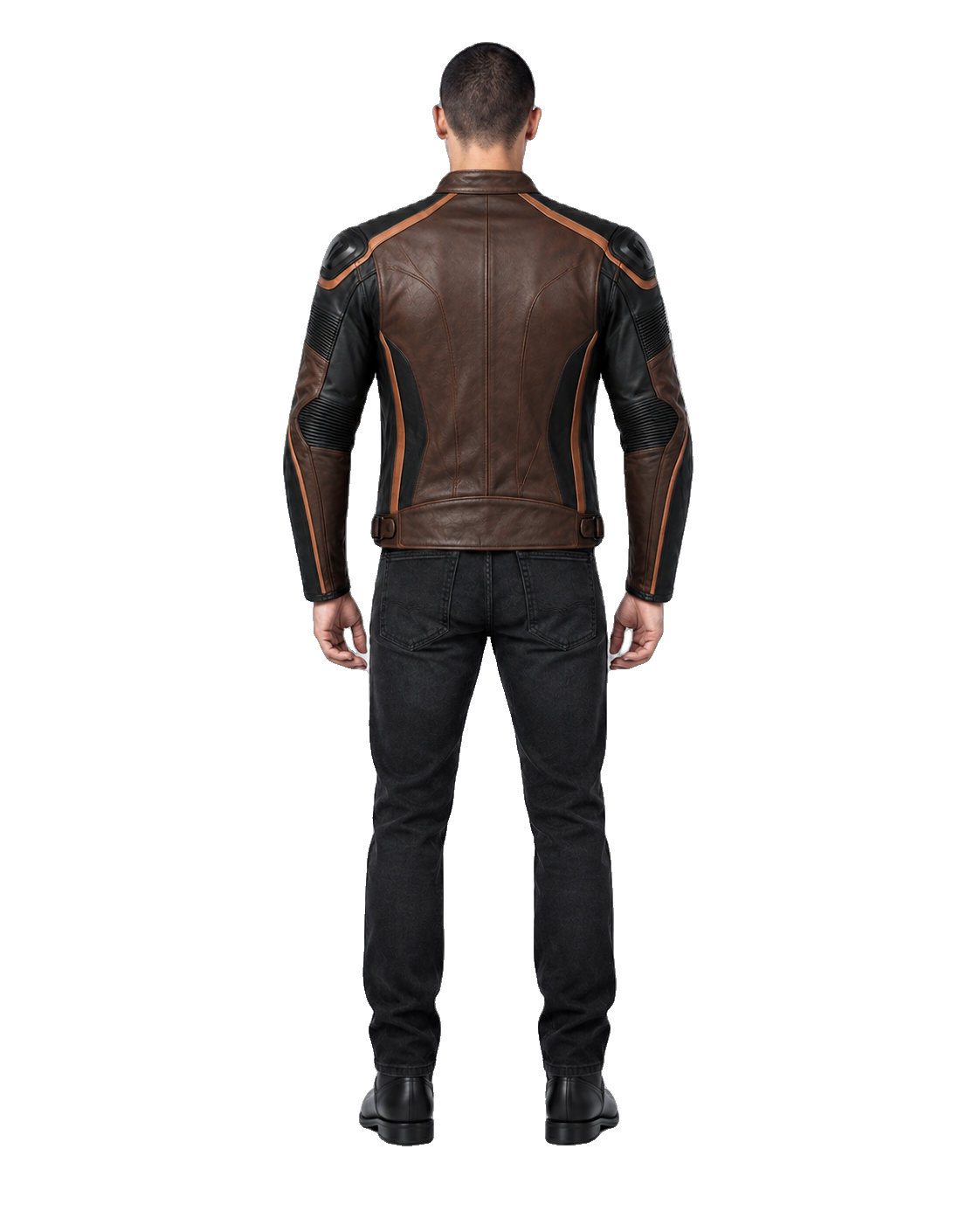 CopperCore R Leather Motorcycle Racing Jacket back view on male model with transparent background