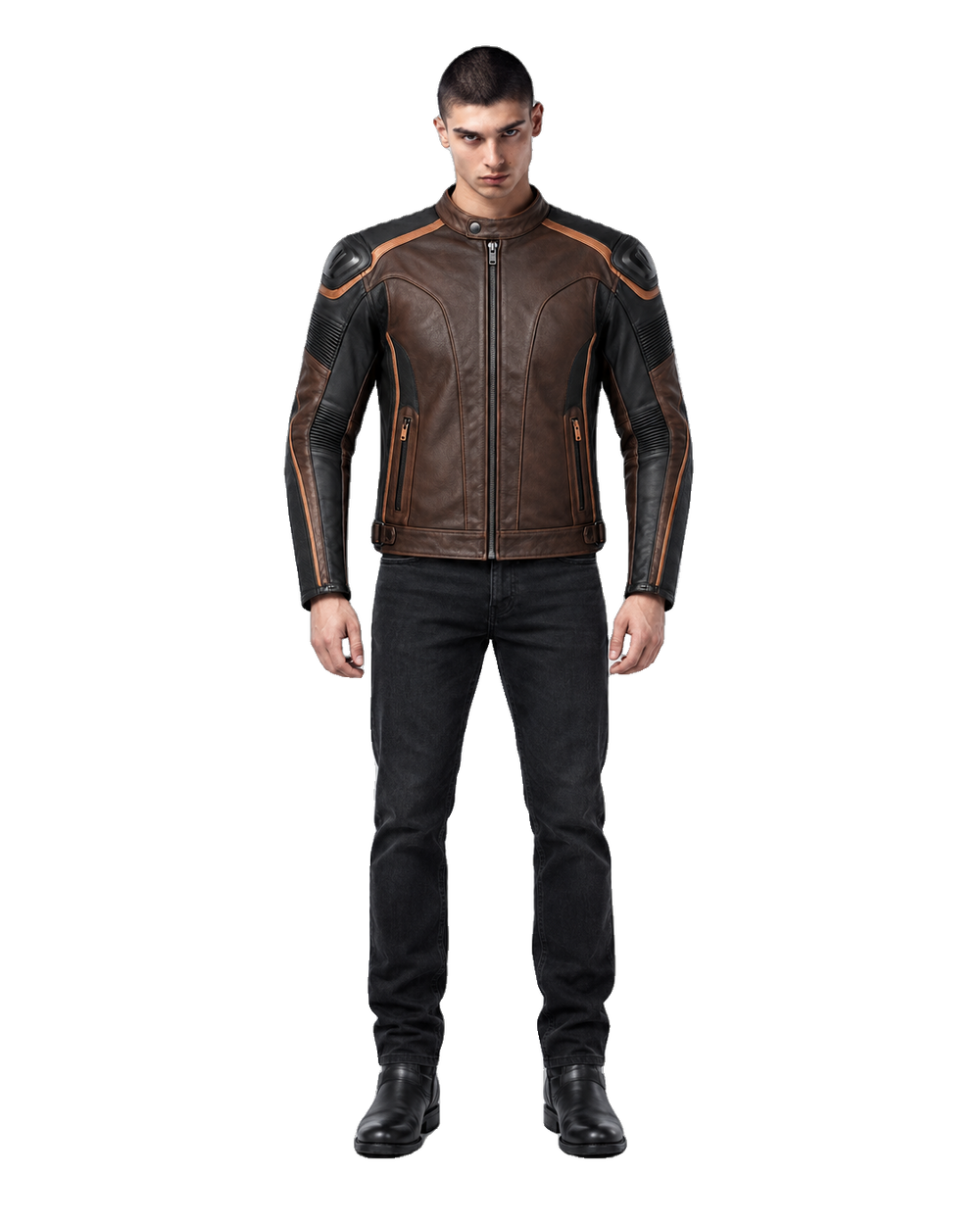 CopperCore R Leather Motorcycle Racing Jacket front view on male model with transparent background