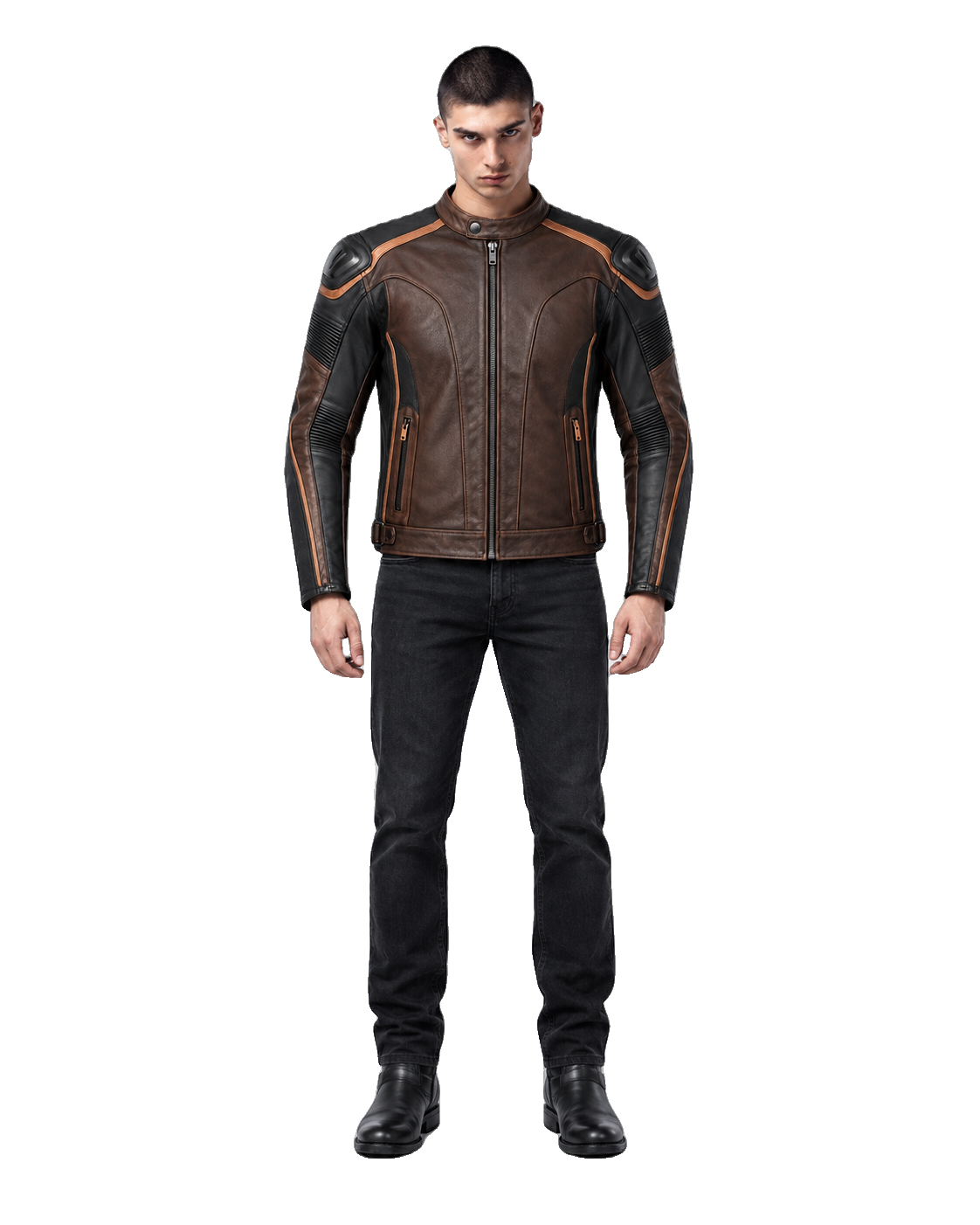 CopperCore R Leather Motorcycle Racing Jacket front view on male model with transparent background