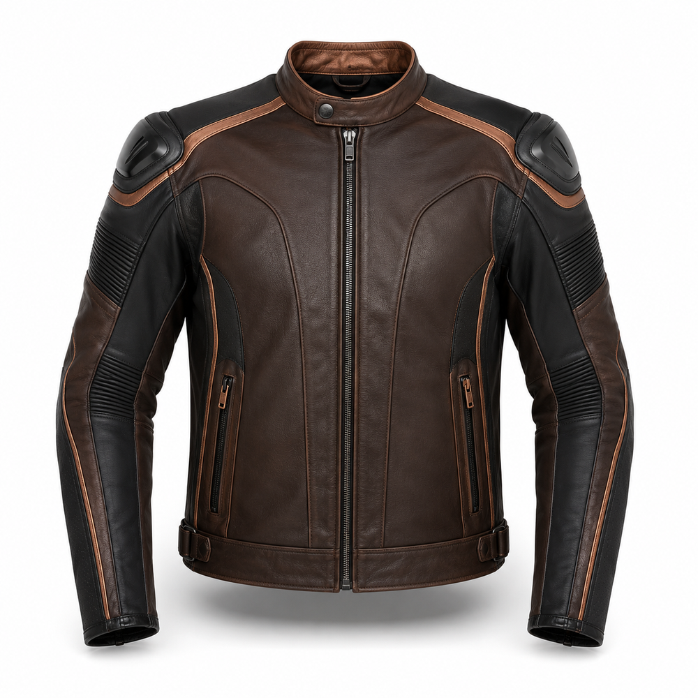 CopperCore R original brown leather motorcycle racing jacket front view