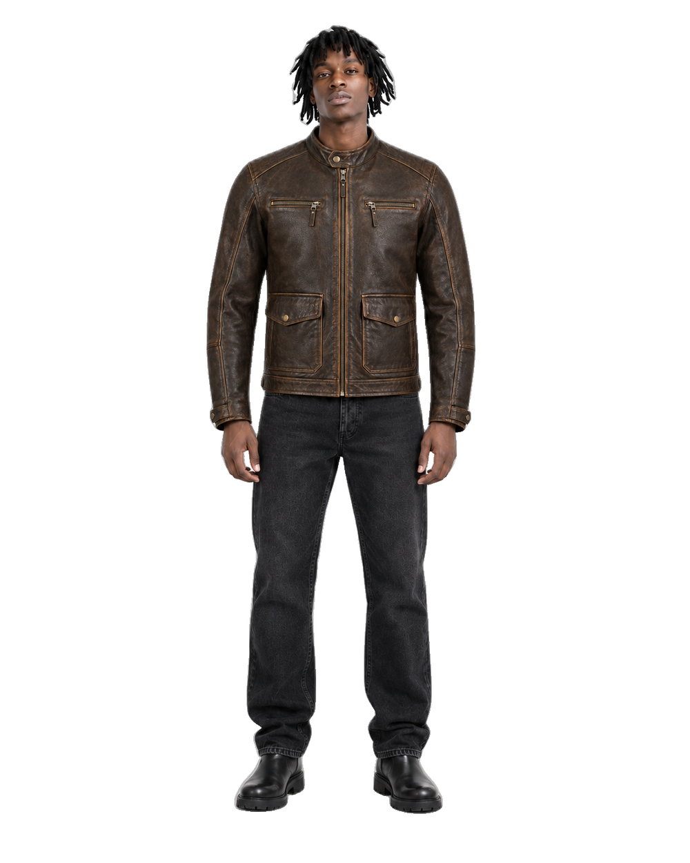 Copperline Heritage Brown Leather Street Jacket front view on male model with transparent background