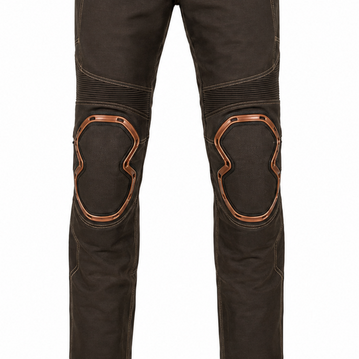CopperWay brown copper waterproof textile motorcycle pants — knee, lower-leg and cuff detail