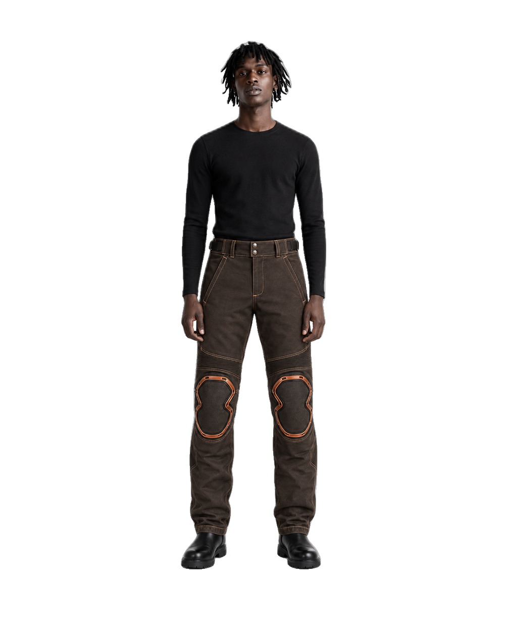 CopperWay Brown Copper Waterproof Textile Motorcycle Pants front view on male model on transparent background