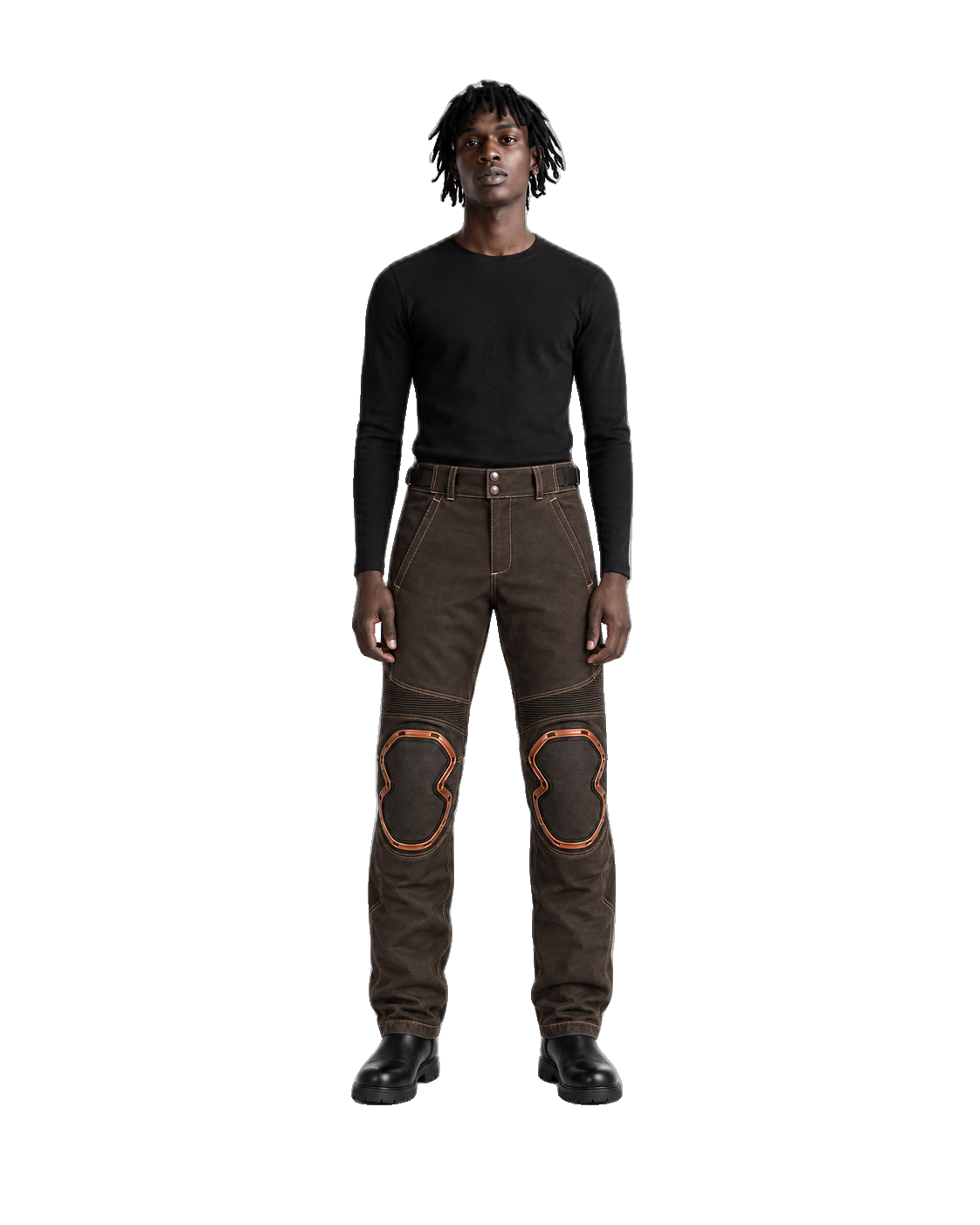 CopperWay Brown Copper Waterproof Textile Motorcycle Pants front view on male model on transparent background