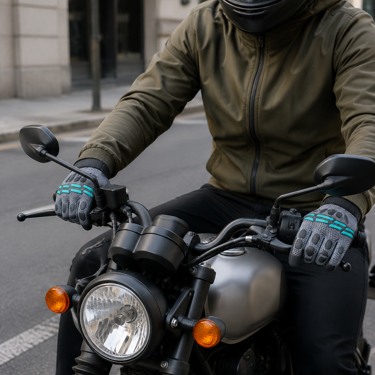 Everyday commuter wearing CoreBreeze gray and turquoise riding gloves