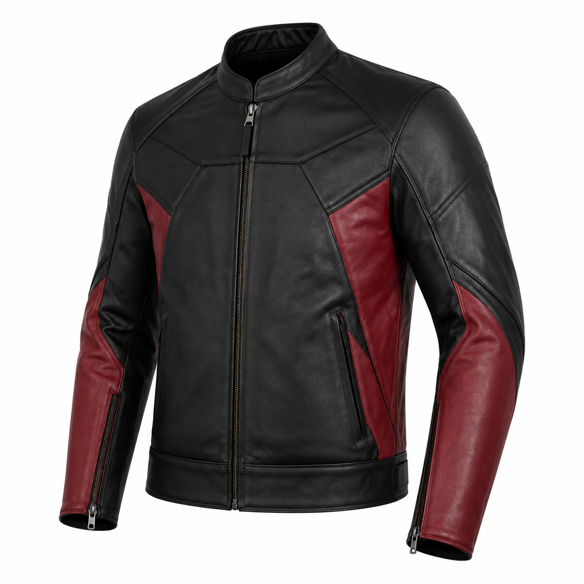 Crimson Relay Two-Tone Leather Motorcycle Jacket three-quarter leather detail view