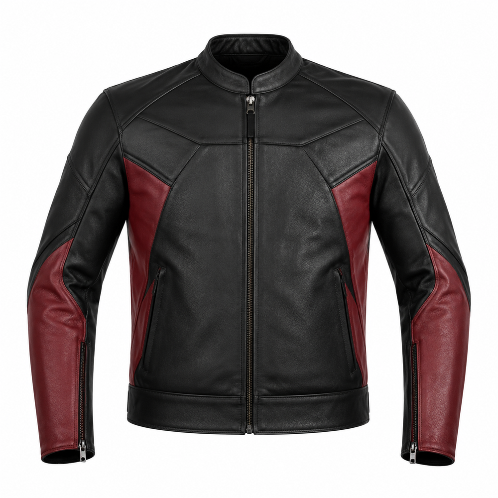 two-tone leather motorcycle jacket – Crimson Relay Two-Tone Leather Motorcycle Jacket front view