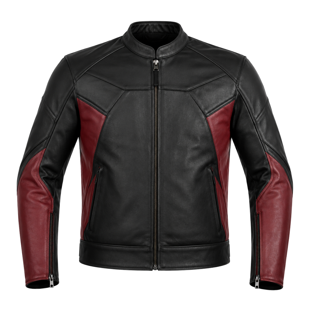 two-tone leather motorcycle jacket – Crimson Relay Two-Tone Leather Motorcycle Jacket front view