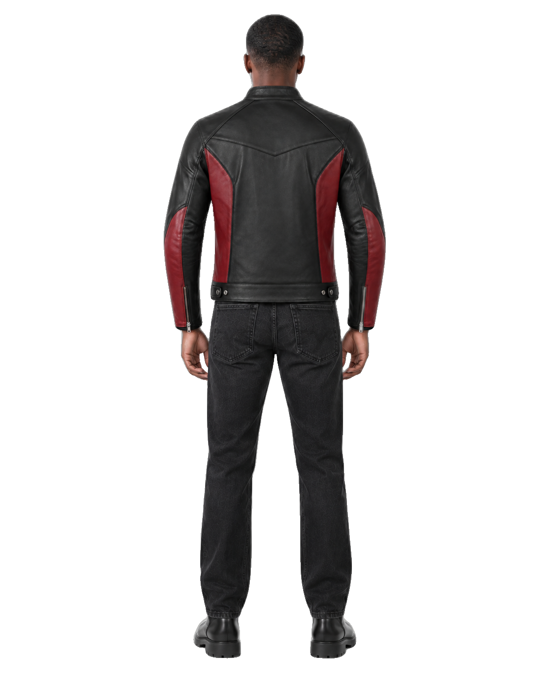 Crimson Relay Two-Tone Leather Motorcycle Jacket back view on male model with transparent background