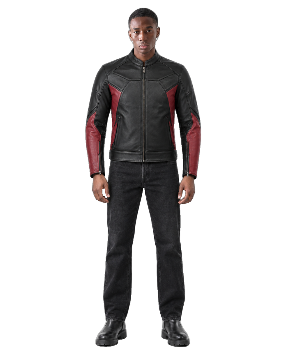 Crimson Relay Two-Tone Leather Motorcycle Jacket front view on male model with transparent background