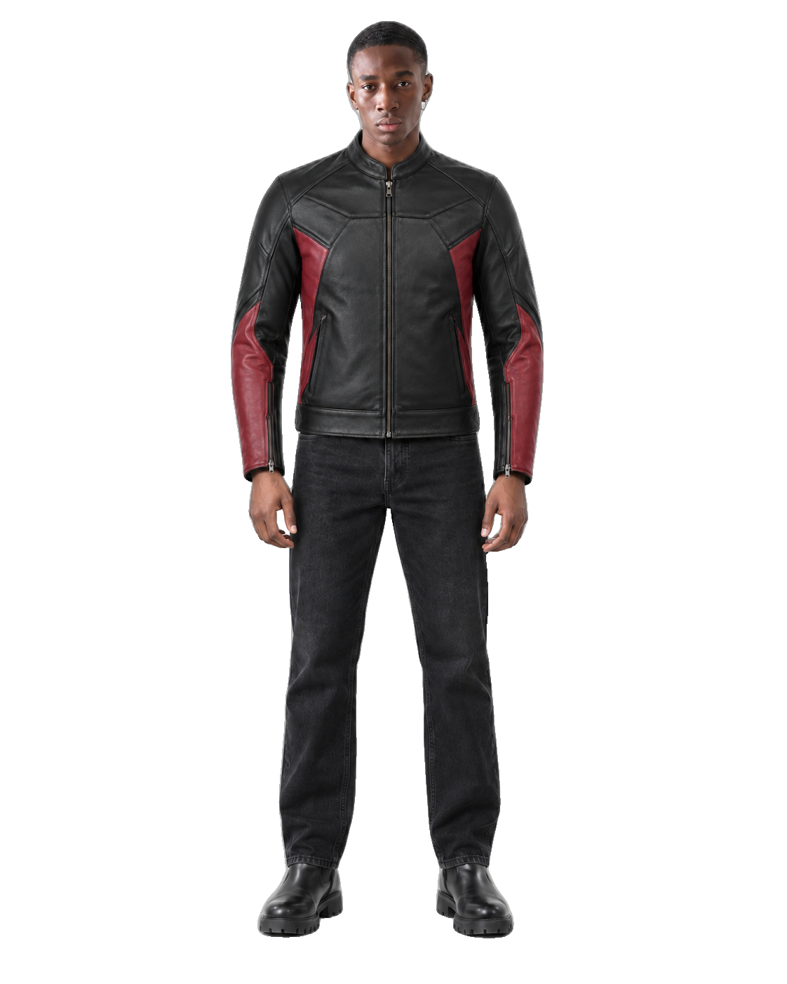 Crimson Relay Two-Tone Leather Motorcycle Jacket front view on male model with transparent background