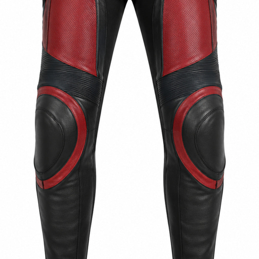CrimsonArc Leather Motorcycle Racing Pants knee panels leather and stitching detail