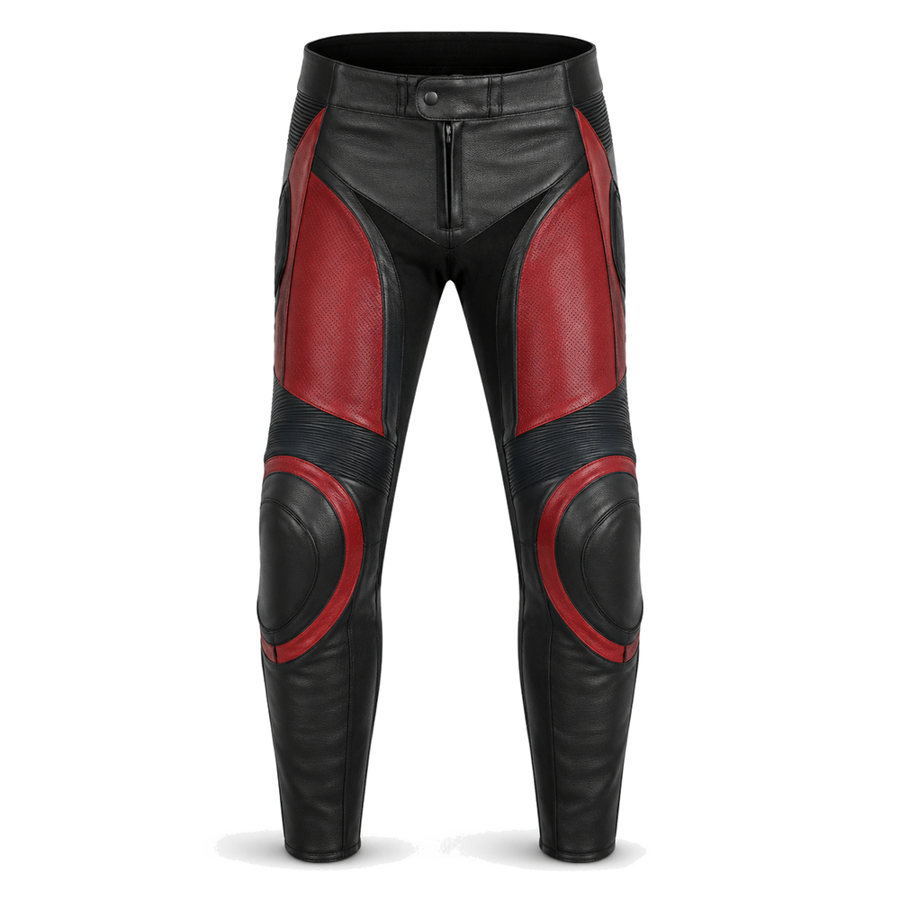 CrimsonArc original red leather motorcycle racing pants front view