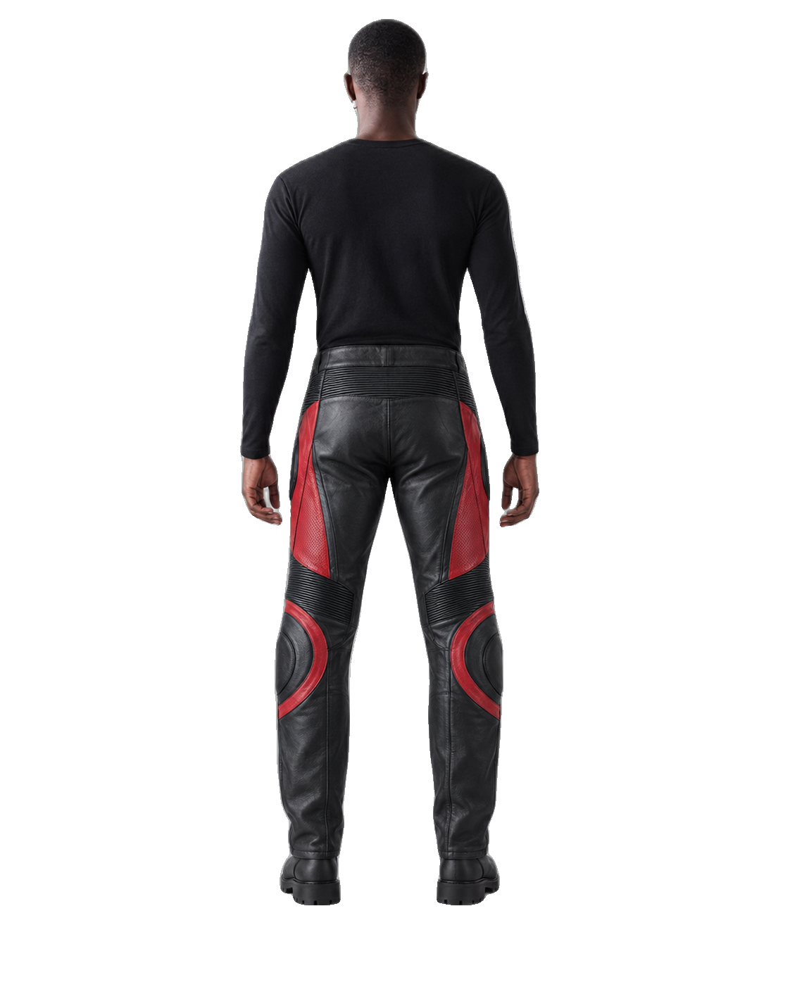 CrimsonArc Leather Motorcycle Racing Pants back view on male model transparent background