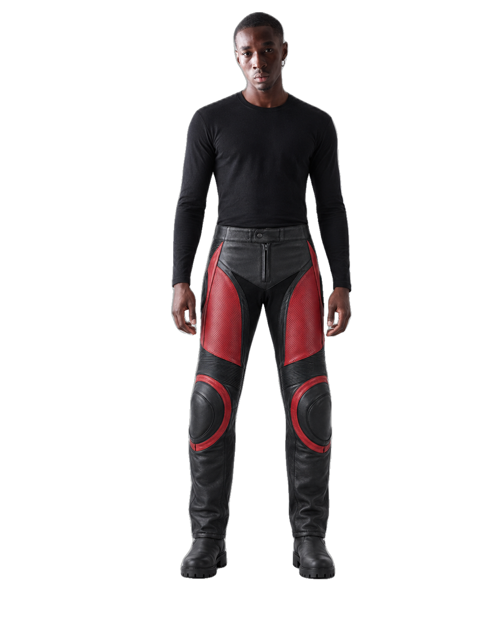 CrimsonArc Leather Motorcycle Racing Pants front view on male model transparent background