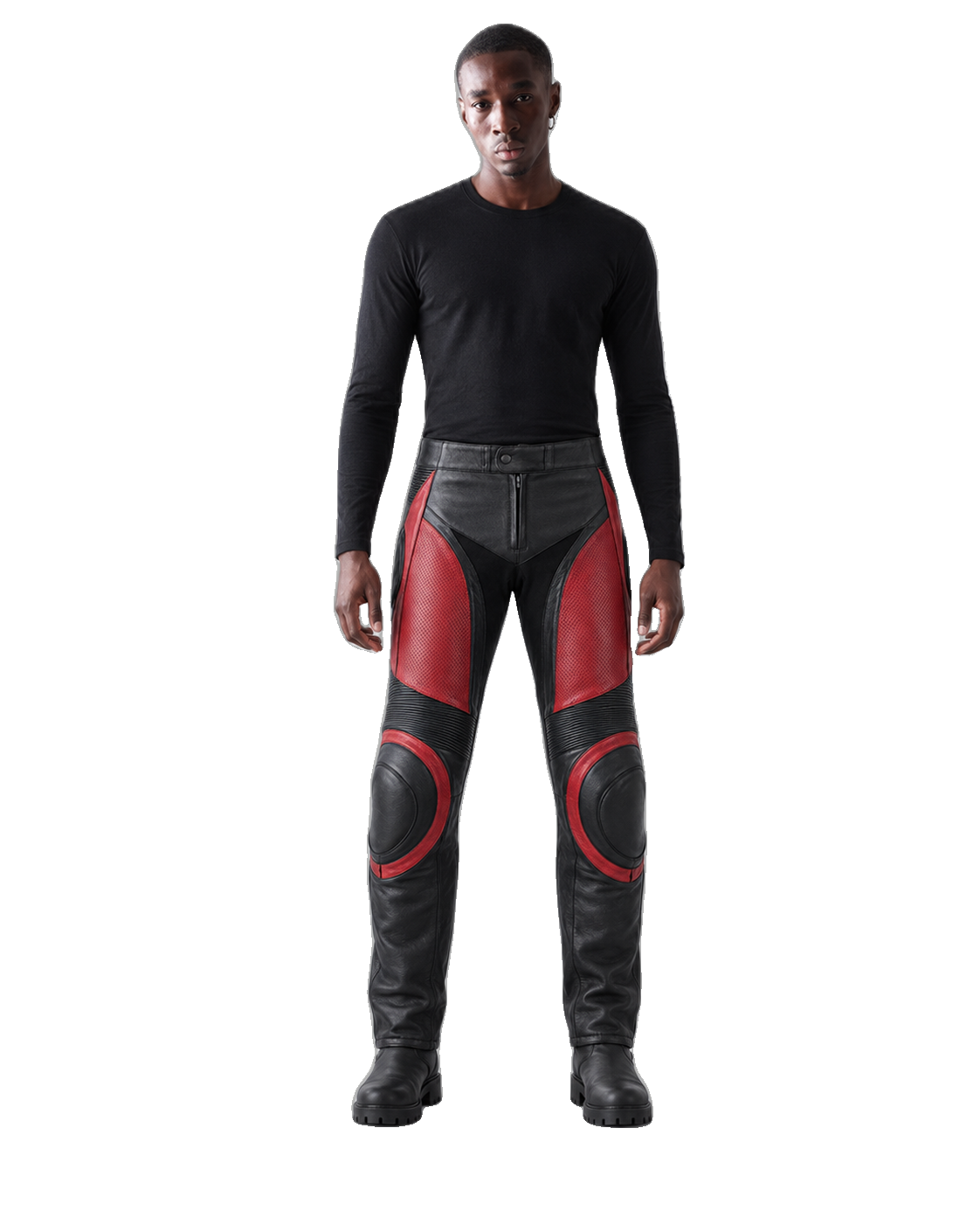 CrimsonArc Leather Motorcycle Racing Pants front view on male model transparent background