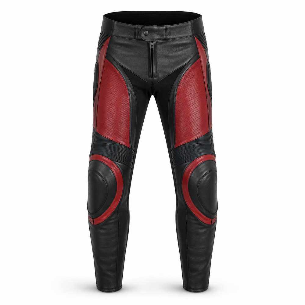 CrimsonArc original red leather motorcycle racing pants front view