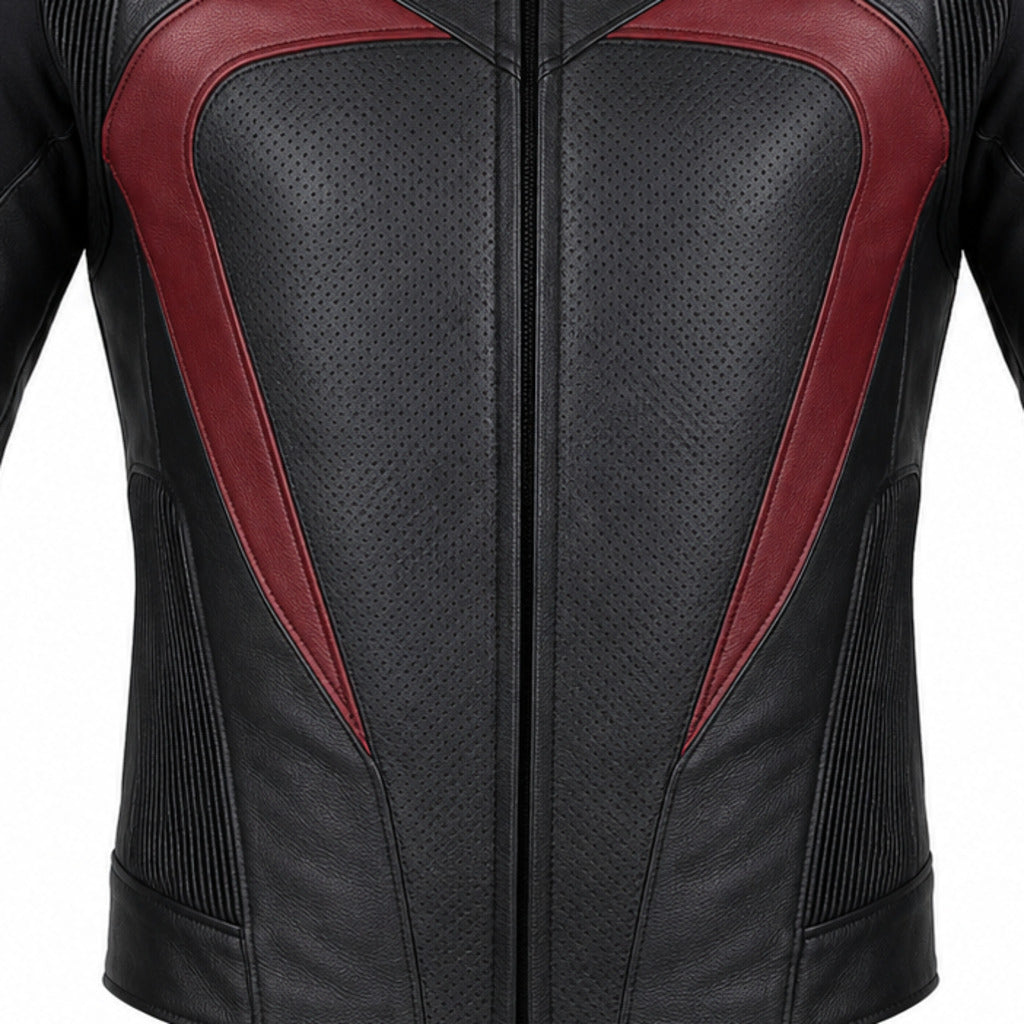 CrimsonArc R Leather Motorcycle Racing Jacket leather panels stitching and hardware detail