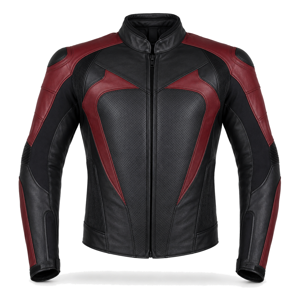 CrimsonArc R original red leather motorcycle racing jacket front view