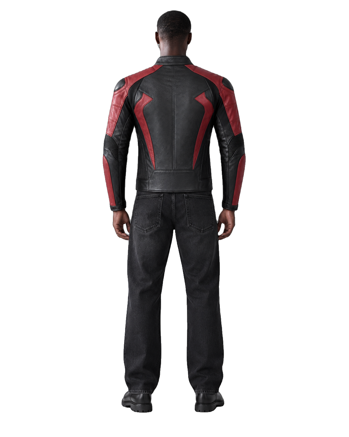 CrimsonArc R Leather Motorcycle Racing Jacket back view on male model with transparent background