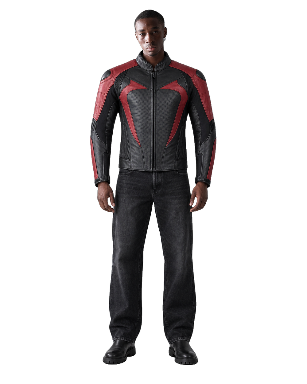 CrimsonArc R Leather Motorcycle Racing Jacket front view on male model with transparent background