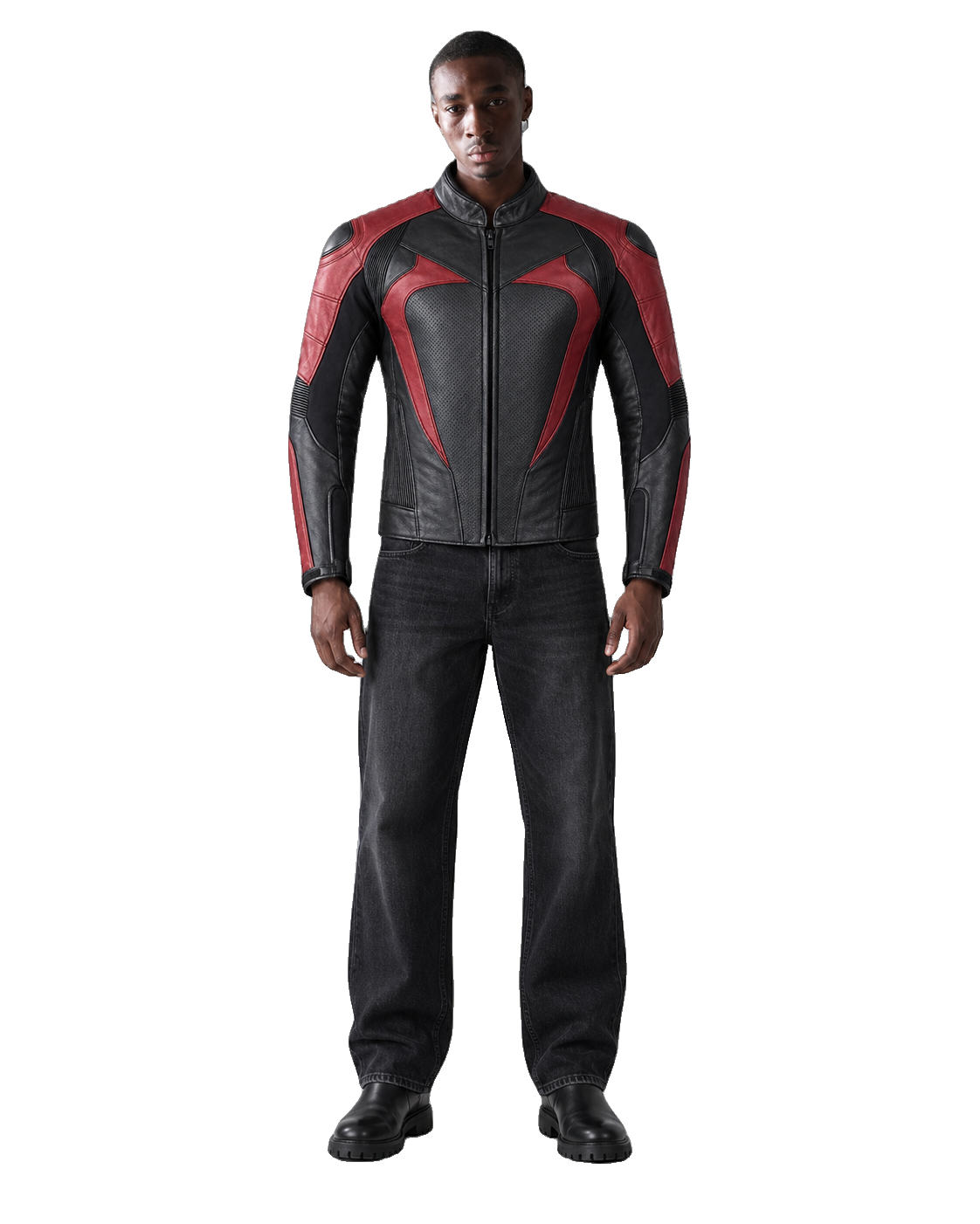 CrimsonArc R Leather Motorcycle Racing Jacket front view on male model with transparent background