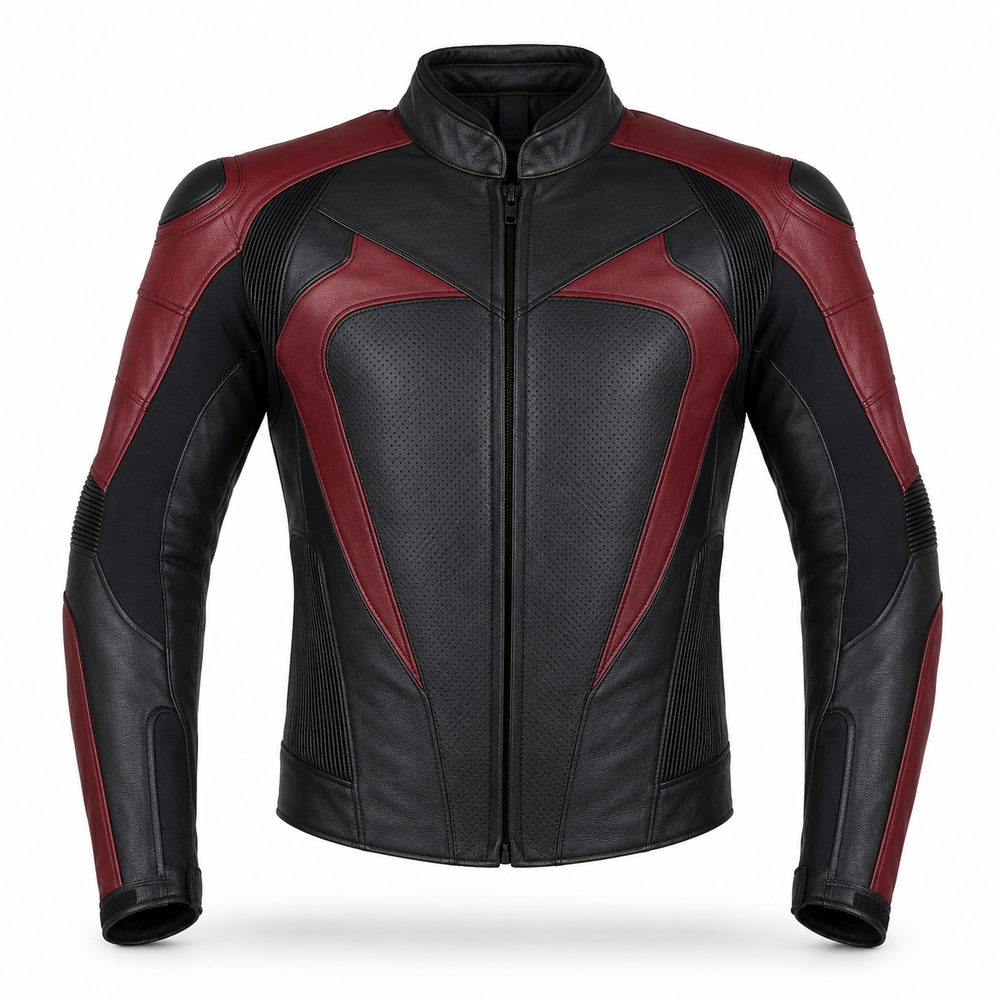 CrimsonArc R original red leather motorcycle racing jacket front view