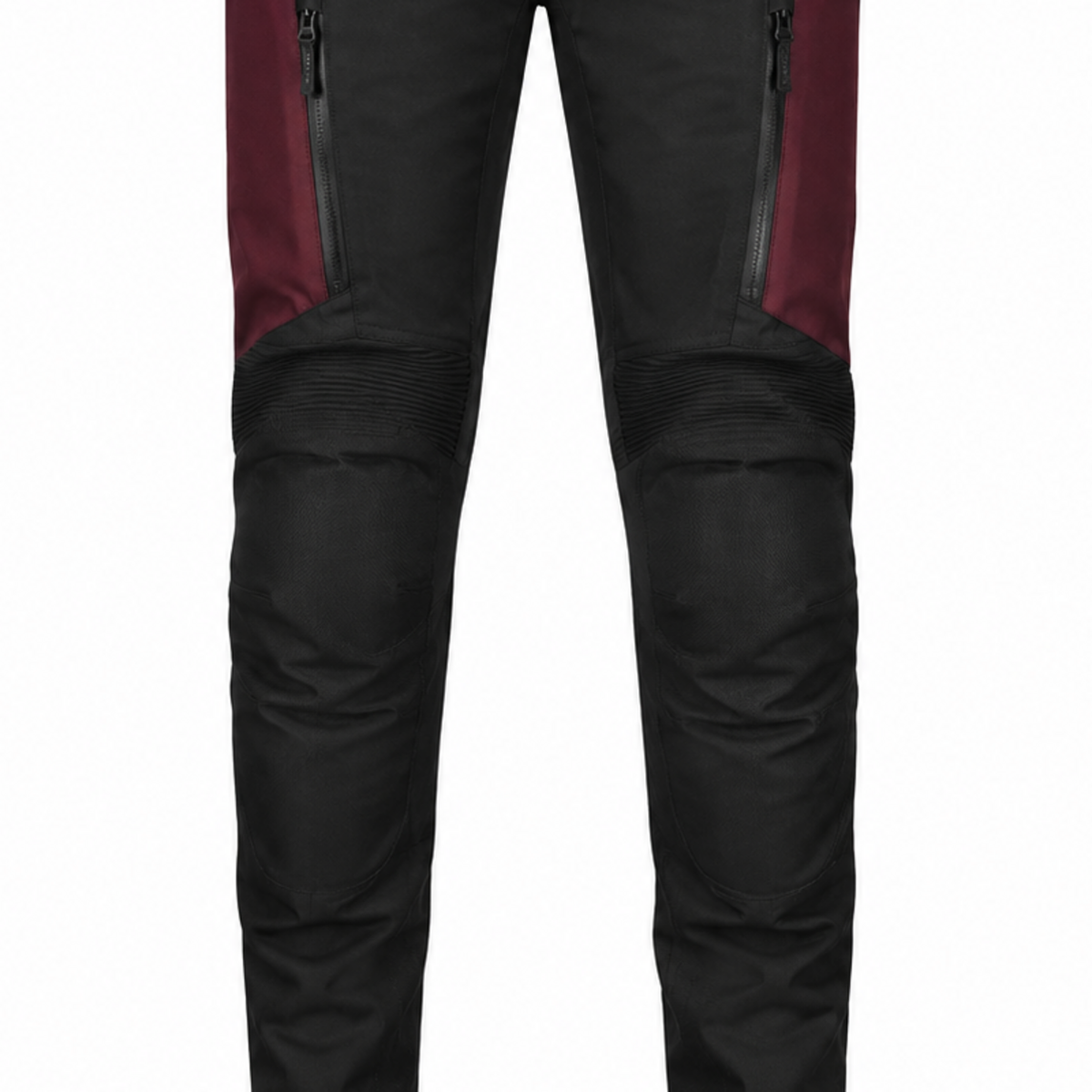 CrimsonRoute black burgundy waterproof textile motorcycle pants — knee, lower-leg and cuff detail
