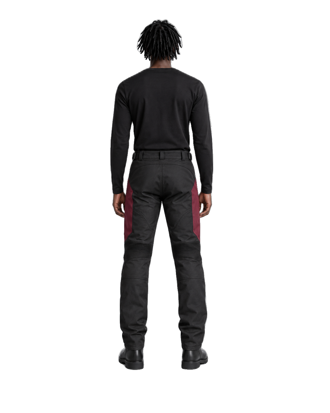 CrimsonRoute Black Burgundy Waterproof Textile Motorcycle Pants back view on male model on transparent background