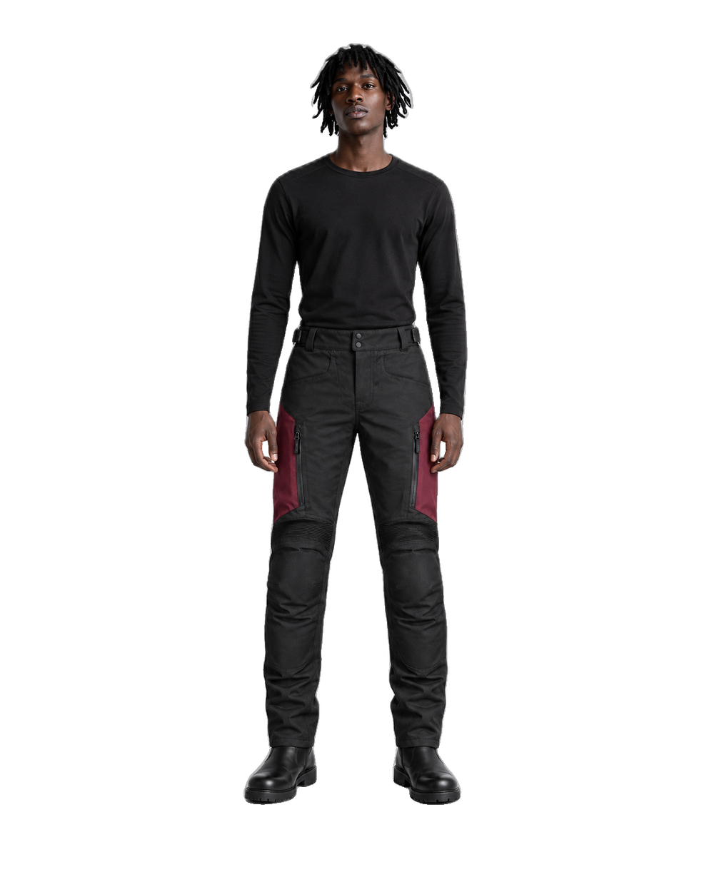 CrimsonRoute Black Burgundy Waterproof Textile Motorcycle Pants front view on male model on transparent background