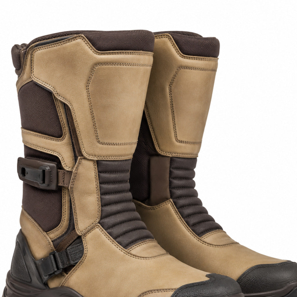 DesertMile touring motorcycle boots shaft closure and construction detail