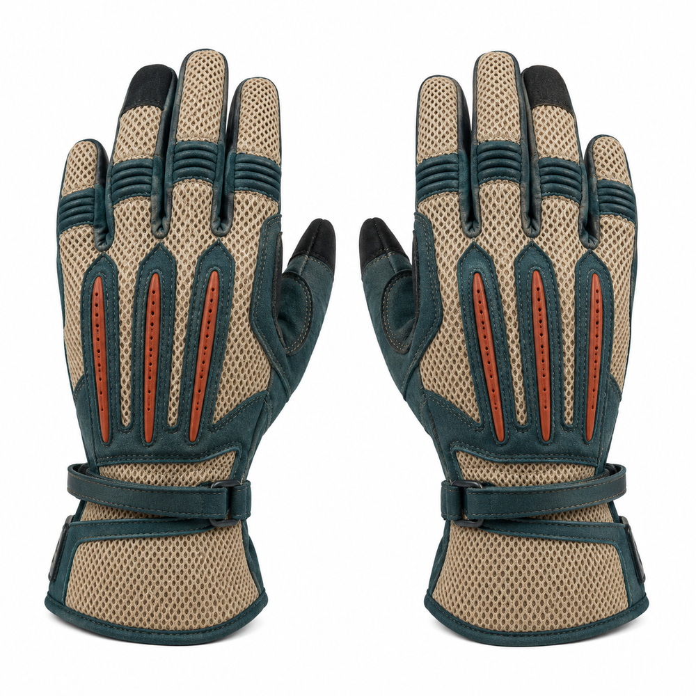 Hot weather adventure motorcycle gloves in sand teal and terracotta, pair on white background