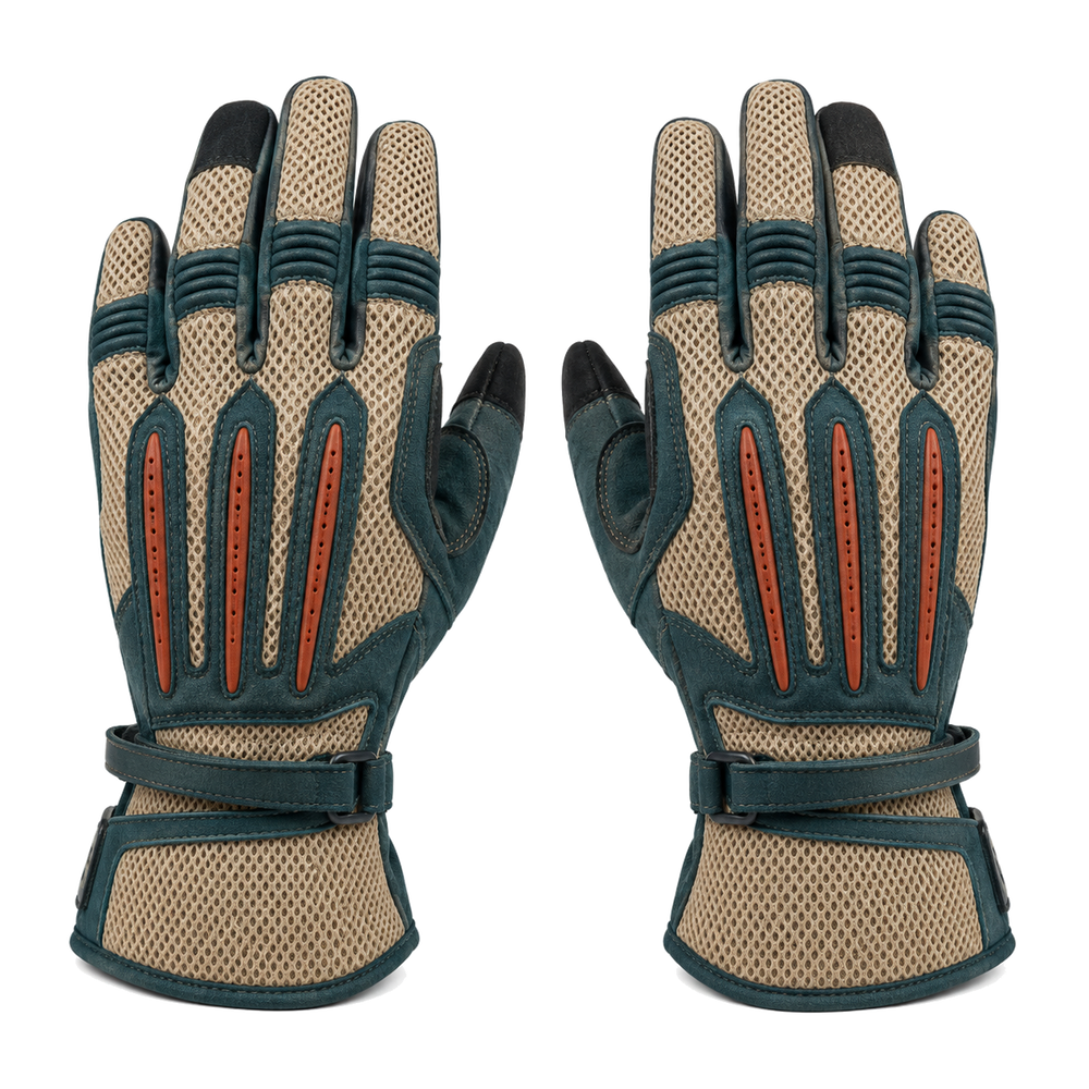 Hot weather adventure motorcycle gloves in sand teal and terracotta, pair on white background