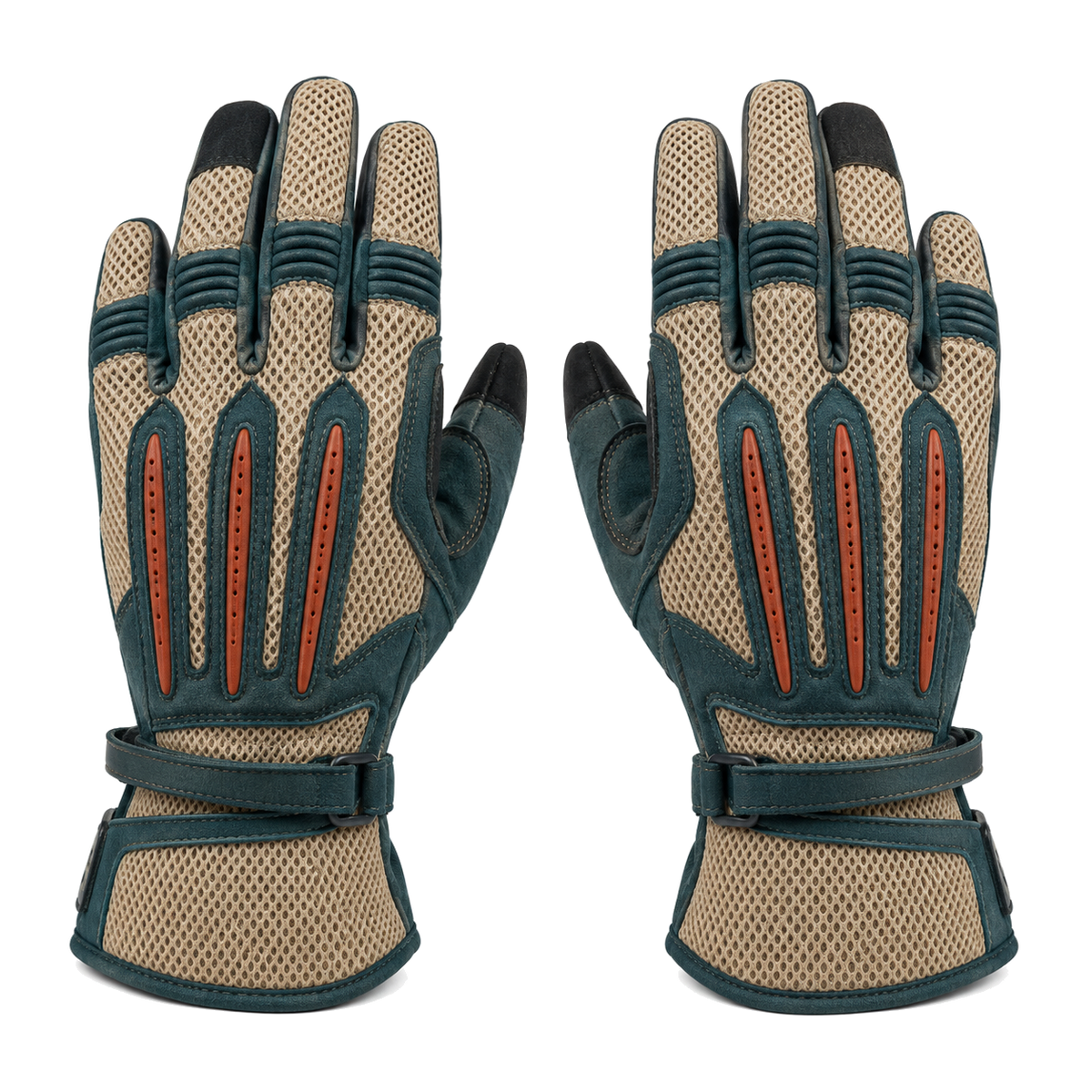 Hot weather adventure motorcycle gloves in sand teal and terracotta, pair on white background