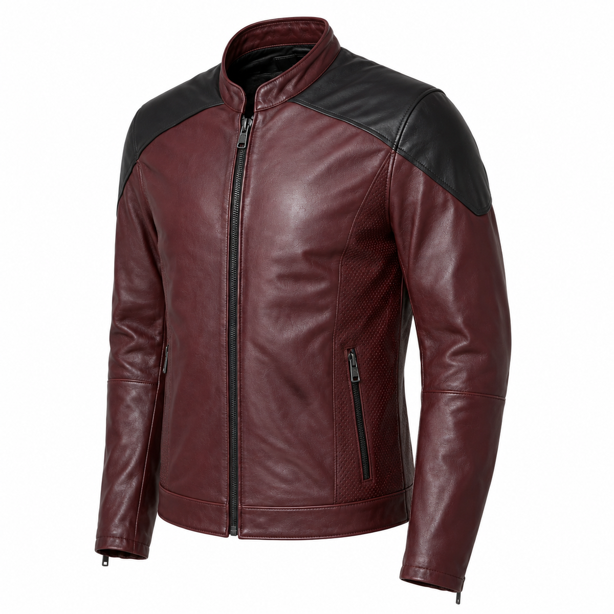 Ember District Oxblood Perforated Leather Jacket three-quarter leather detail view