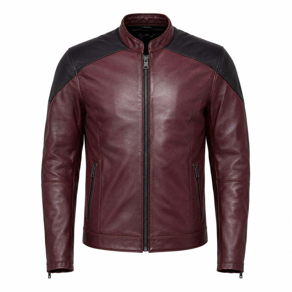 oxblood perforated leather jacket – Ember District Oxblood Perforated Leather Jacket front view