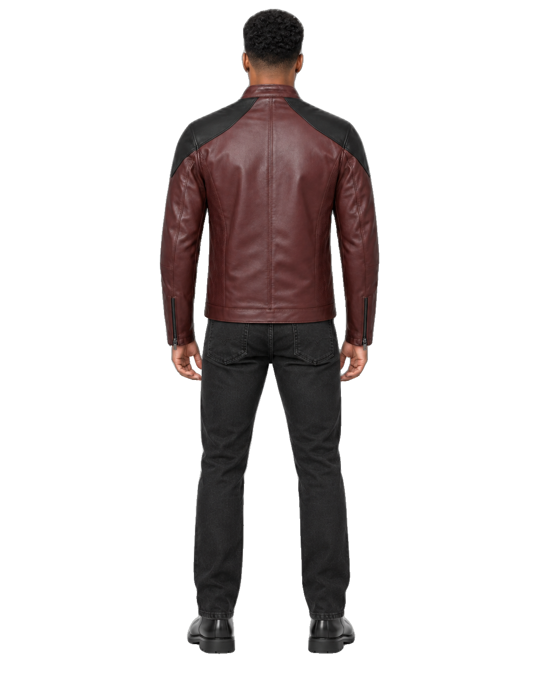Ember District Oxblood Perforated Leather Jacket back view on male model with transparent background