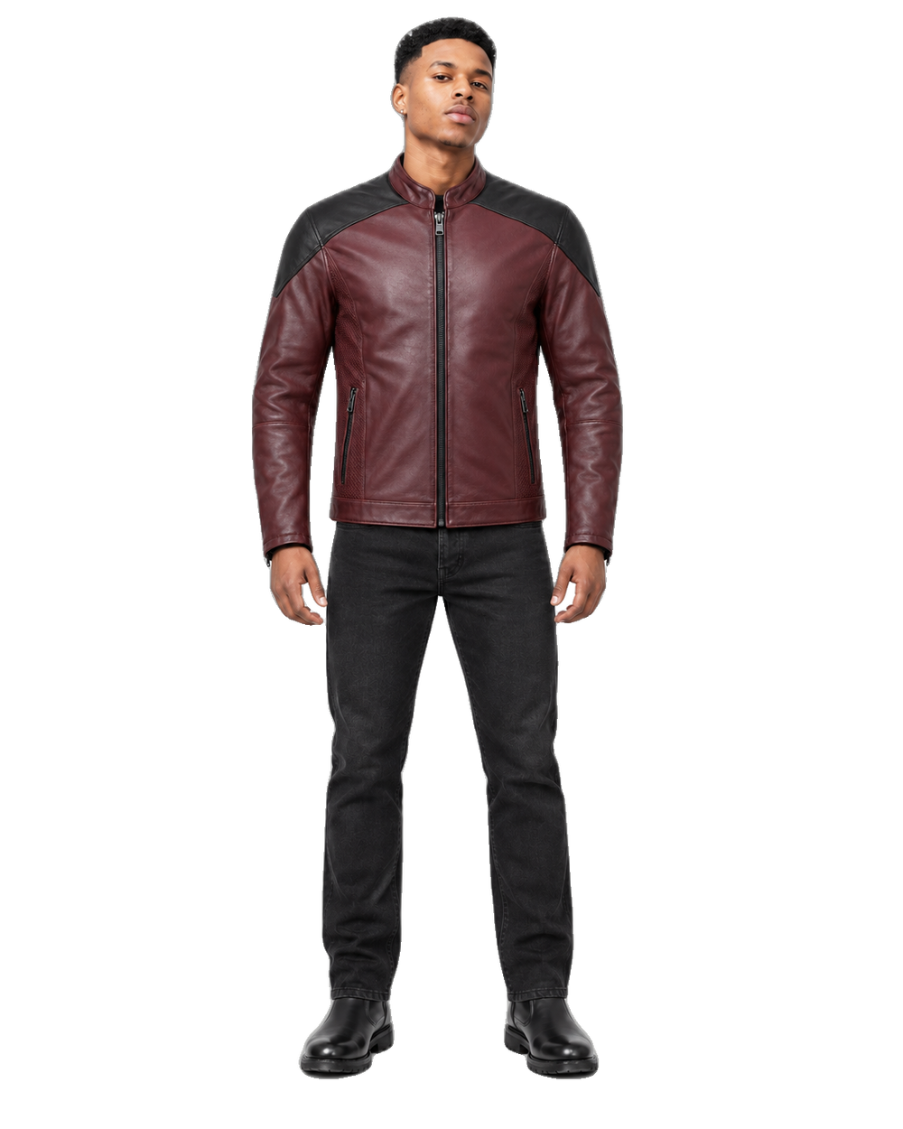Ember District Oxblood Perforated Leather Jacket front view on male model with transparent background