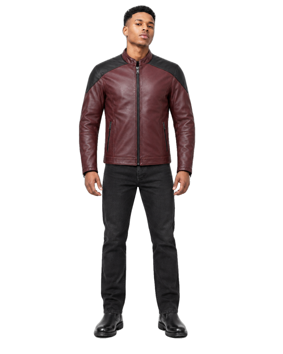 Ember District Oxblood Perforated Leather Jacket front view on male model with transparent background